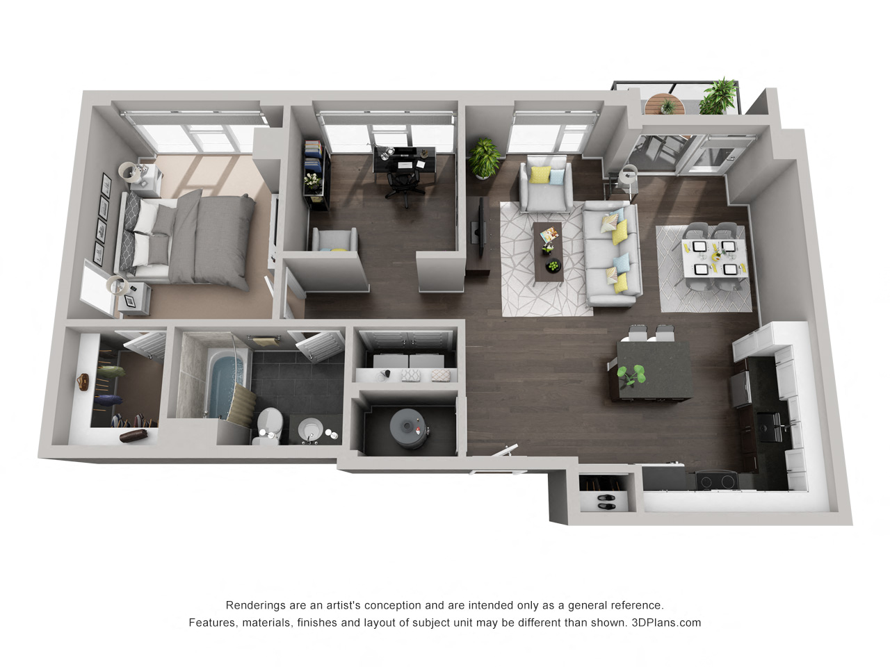 Floor plan for 1 bed, 1 bath, 942 sqft